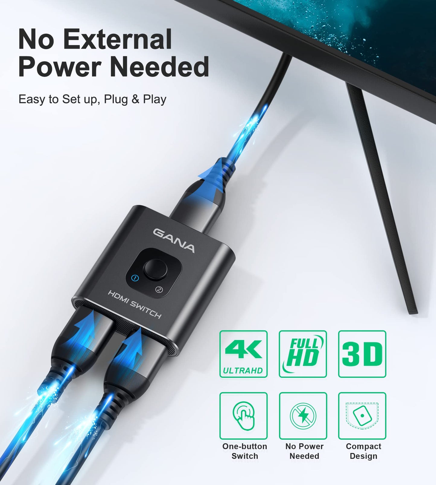 GANA HDMI Splitter, 4K HDMI Switch, Aluminum HDMI Switcher for TV/PC/Laptop/DVD/PS4/PS3/TV Stick/Gaming box/Blu-Ray-Player/Projector