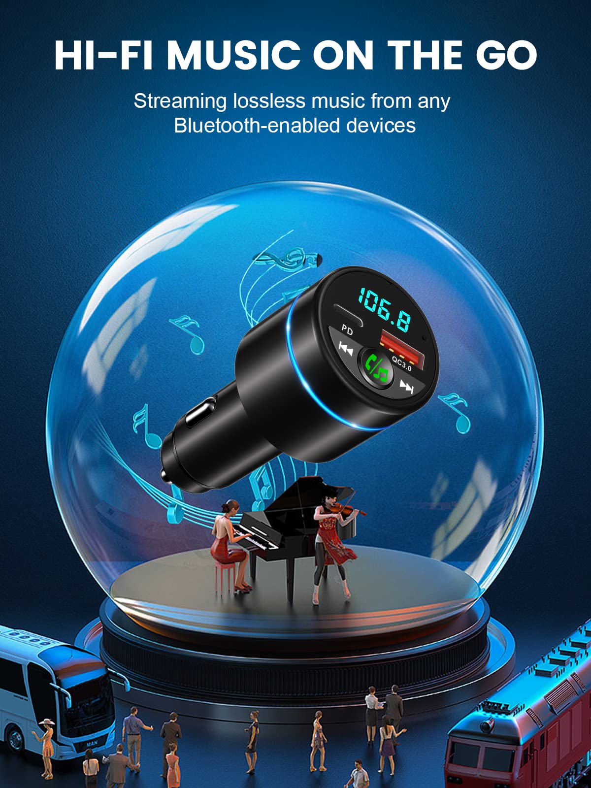 Bluetooth Car Adapter 5.3, Mohard All-Metal PD 30W & QC3.0 18W Fast Car Charger, Wireless FM Radio Car Kit FM Transmitter for Car,Noise Cancelling Hands-Free Call
