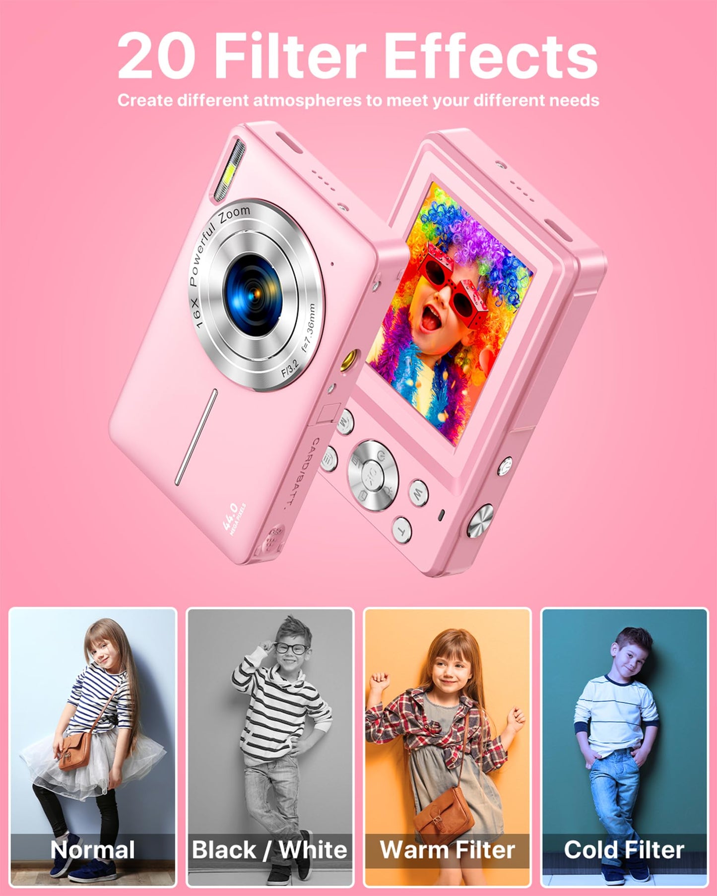 1080P FHD Compact Digital Camera 44MP – Mini Portable Vlogging Camera with 2.4" LCD, 16X Zoom, Battery Included (Pink, No SD Card)