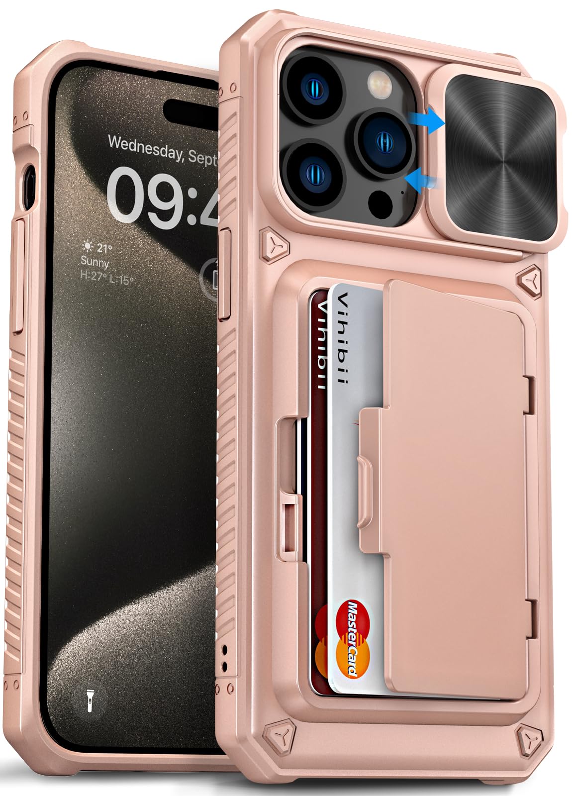 Vihibii for iPhone 15 Pro Max Case with Card Holder & Slide Camera Cover & Kickstand, Military Grade Drop Protection, Rugged Hard Back & Silicone Edge Wallet Phone Case