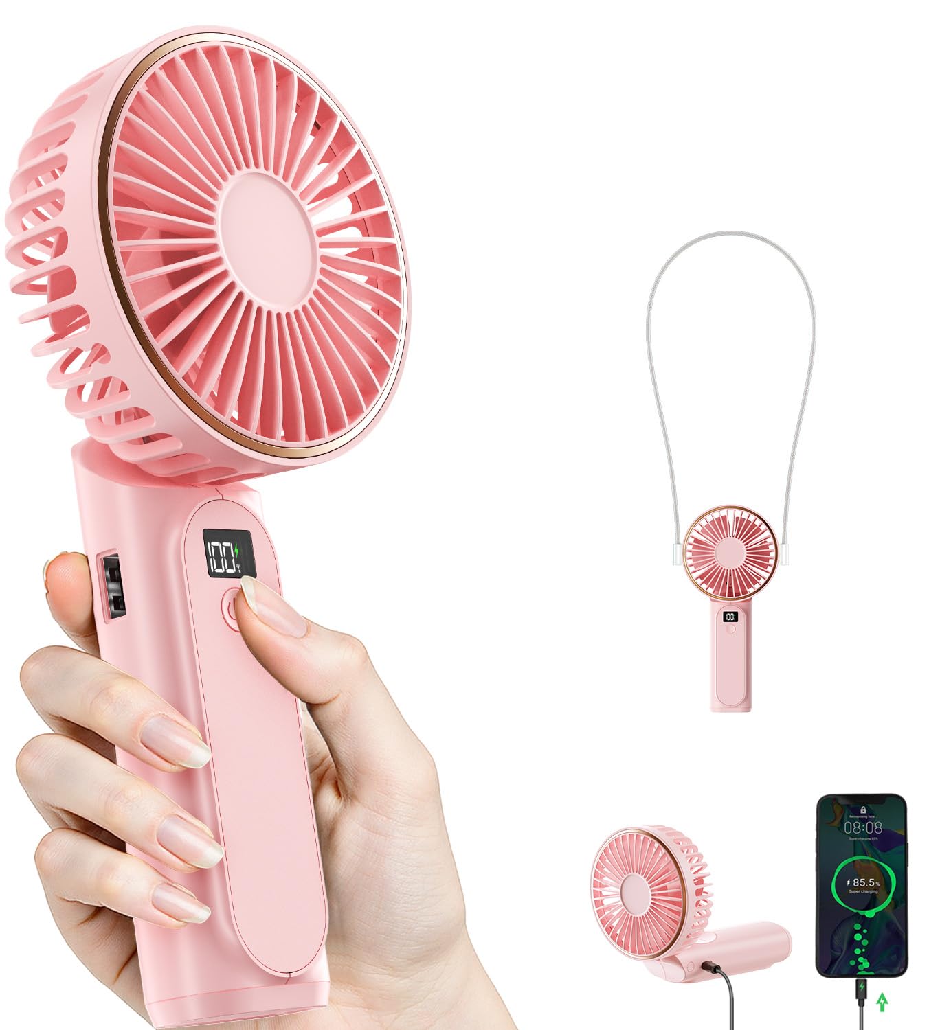 TUNISE Handheld Fan – 4000mAh Portable Rechargeable Fan with LED Display, 6 Speeds, 180° Adjustable, Power Bank Function for Travel & Home