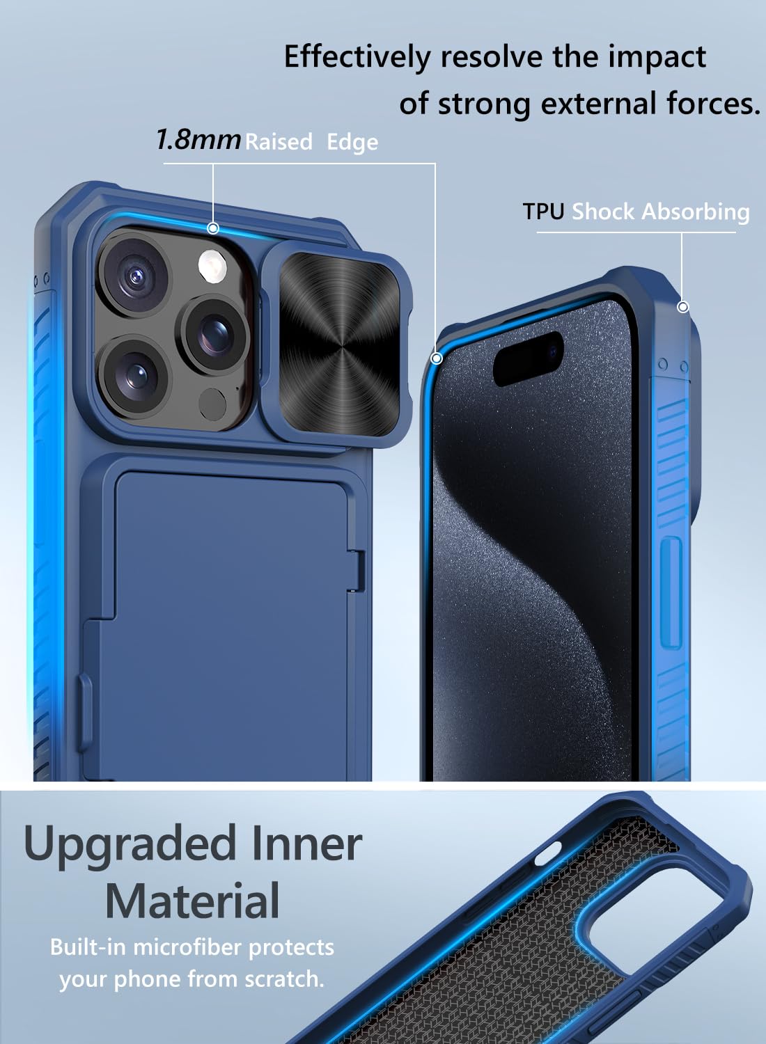 Vihibii for iPhone 15 Pro Max Case with Card Holder & Slide Camera Cover & Kickstand, Military Grade Drop Protection, Rugged Hard Back & Silicone Edge Wallet Phone Case