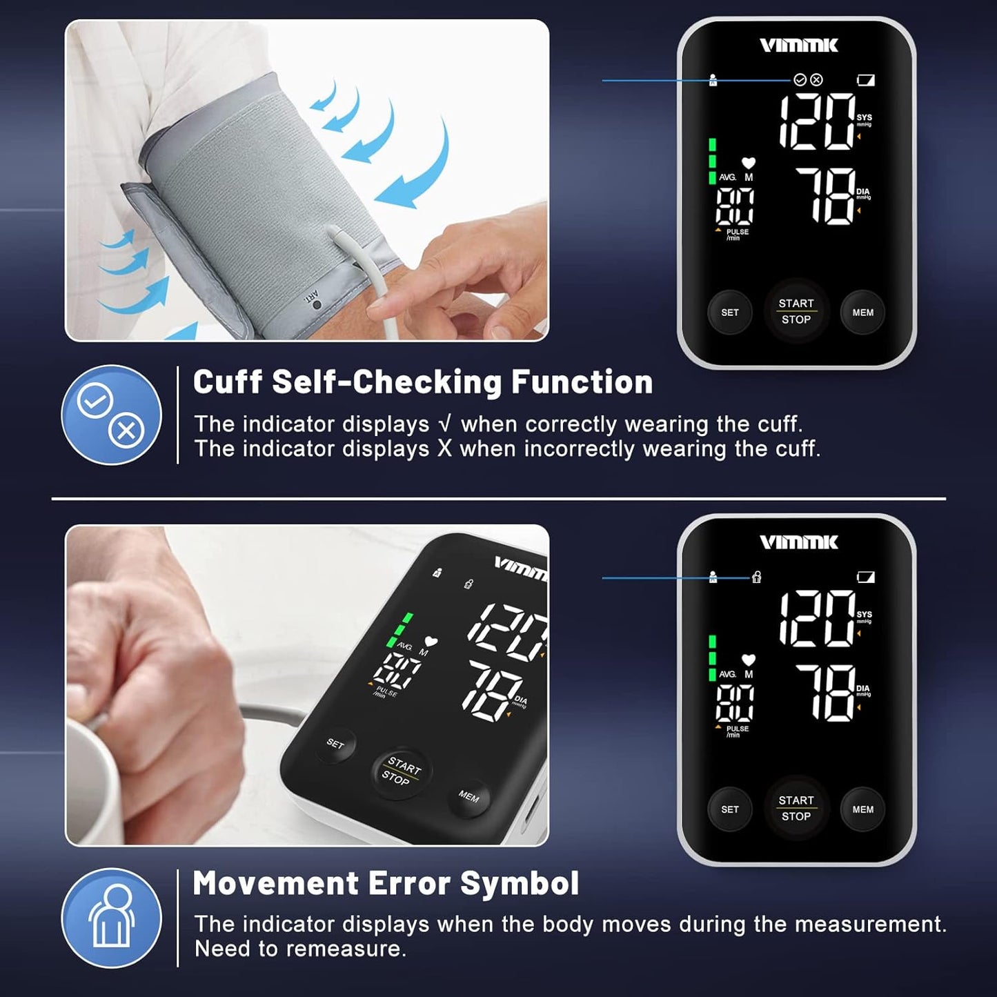 Blood Pressure Monitor CE Approved UK, Vimmk Upper Arm Blood Pressure Machines for Home Use Accurate BP Cuff LED Backlight Display Heart Rate Detection 2x120 Records