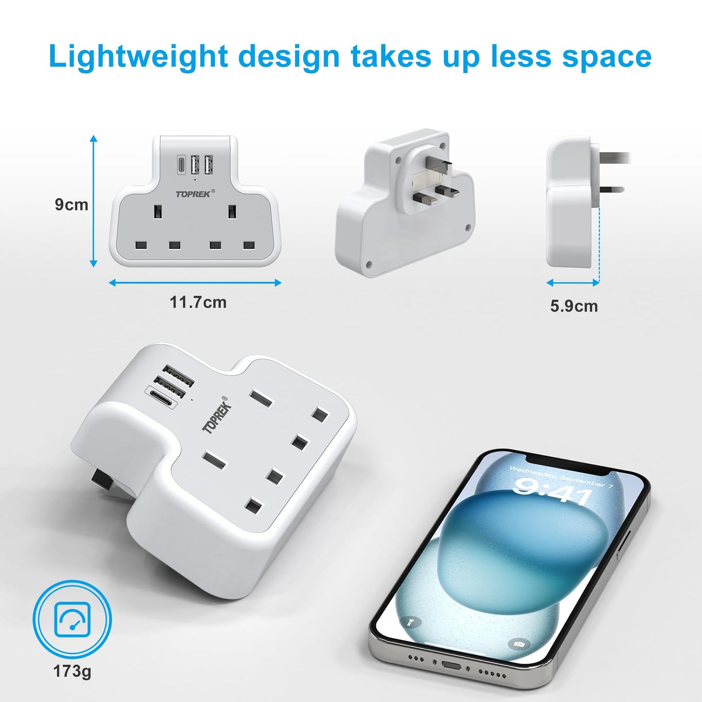 TOPREK Multi Plug Adaptor, Double Plug Adapter UK, 2USB-A & 1USB-C Plug Extension Socket, Slim Wall Extension Plug socket for Home, Office, Kitchen