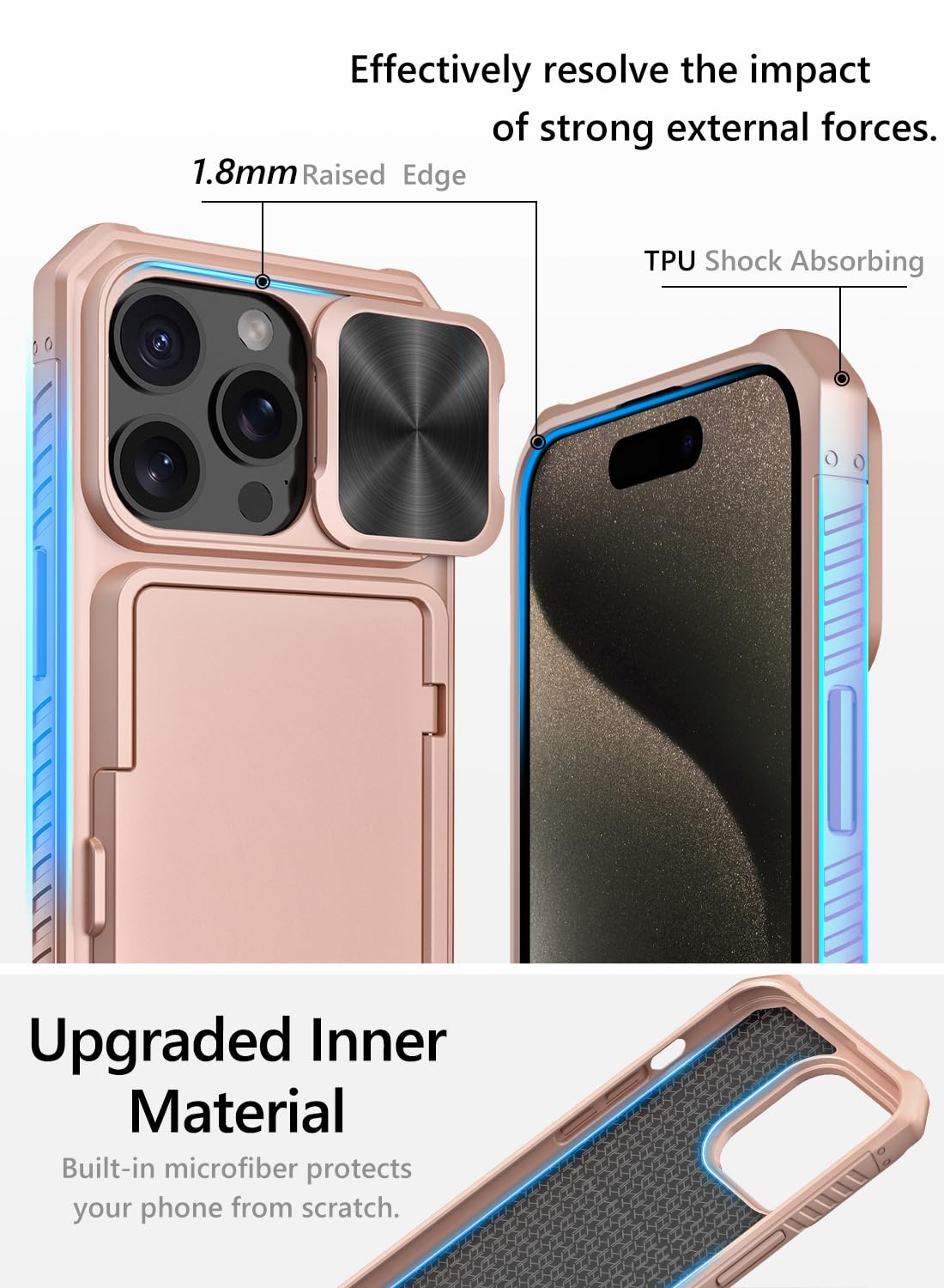 Vihibii for iPhone 15 Pro Max Case with Card Holder & Slide Camera Cover & Kickstand, Military Grade Drop Protection, Rugged Hard Back & Silicone Edge Wallet Phone Case
