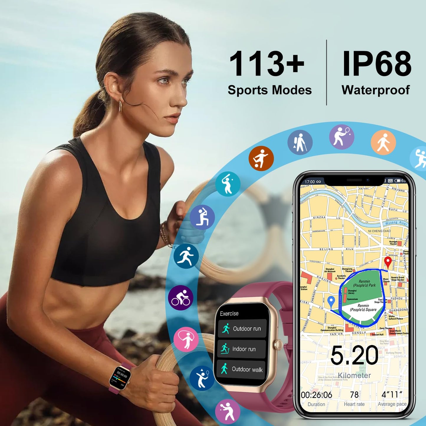 Smart Watch for Men Women Answer/Make Calls, 1.96" Fitness with Step Counter Heart Rate Sleep Monitor, Fitness Sports Activity Waterproof, Smartwatches for Android IOS