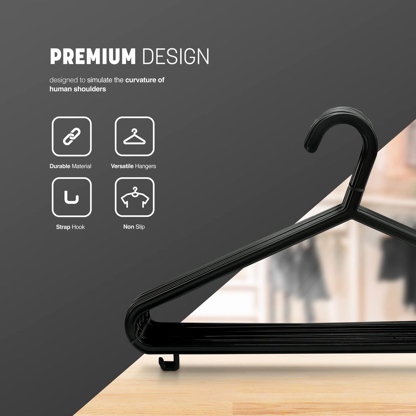KEPLIN Adult Plastic Coat Hangers , Black Colour, Strong Clothes for Clothes Rail & Closet,Hanger with Suit Pants Trouser Bar and Clips, Space Saving