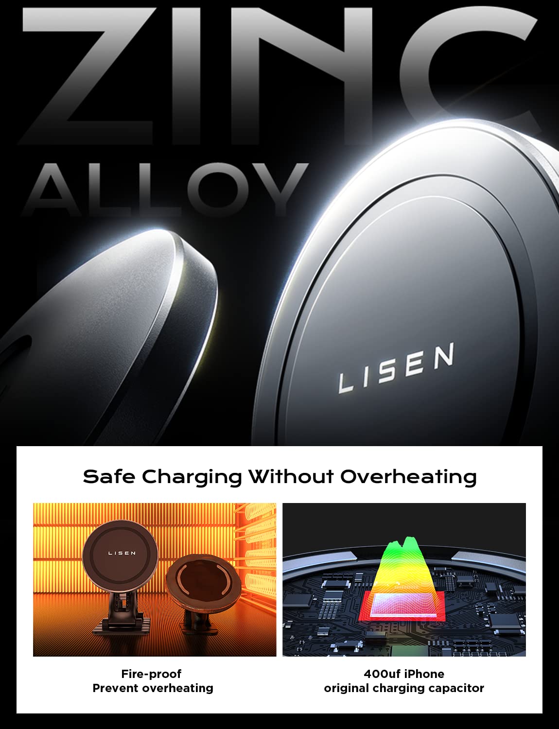 LISEN for Magsafe Car Mount Charger 15W Fastest Charging Speed Car Phone Holder Wireless iPhone Car Charger Magsafe Phone Holder Fits iPhone