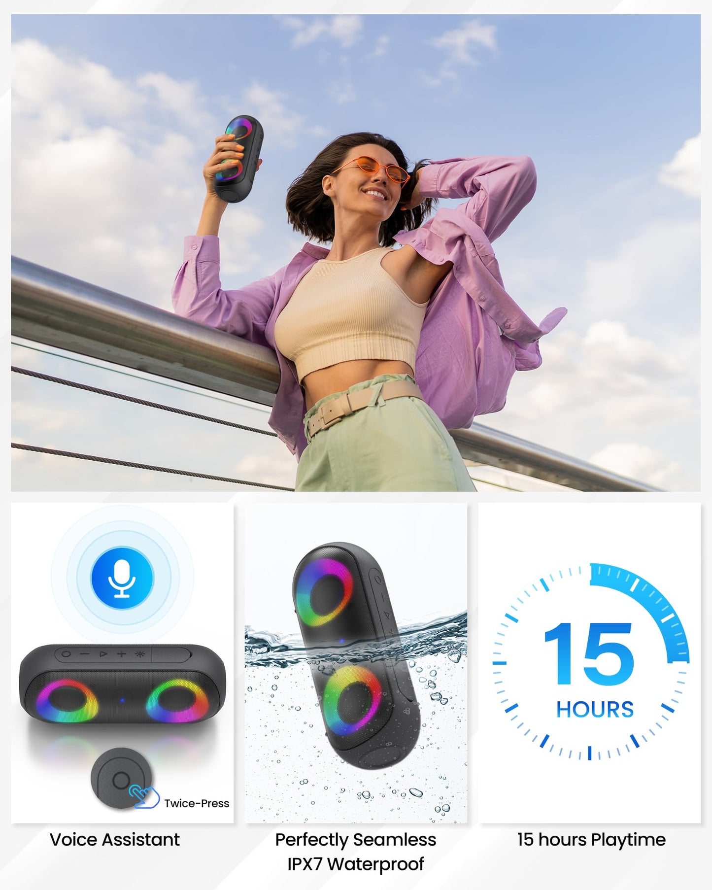 NOTABRICK Bluetooth Speaker with Lights – Portable 30W Wireless Speaker, Bluetooth 5.0, IPX7 Waterproof, Long Battery Life, 100ft Range (Black)