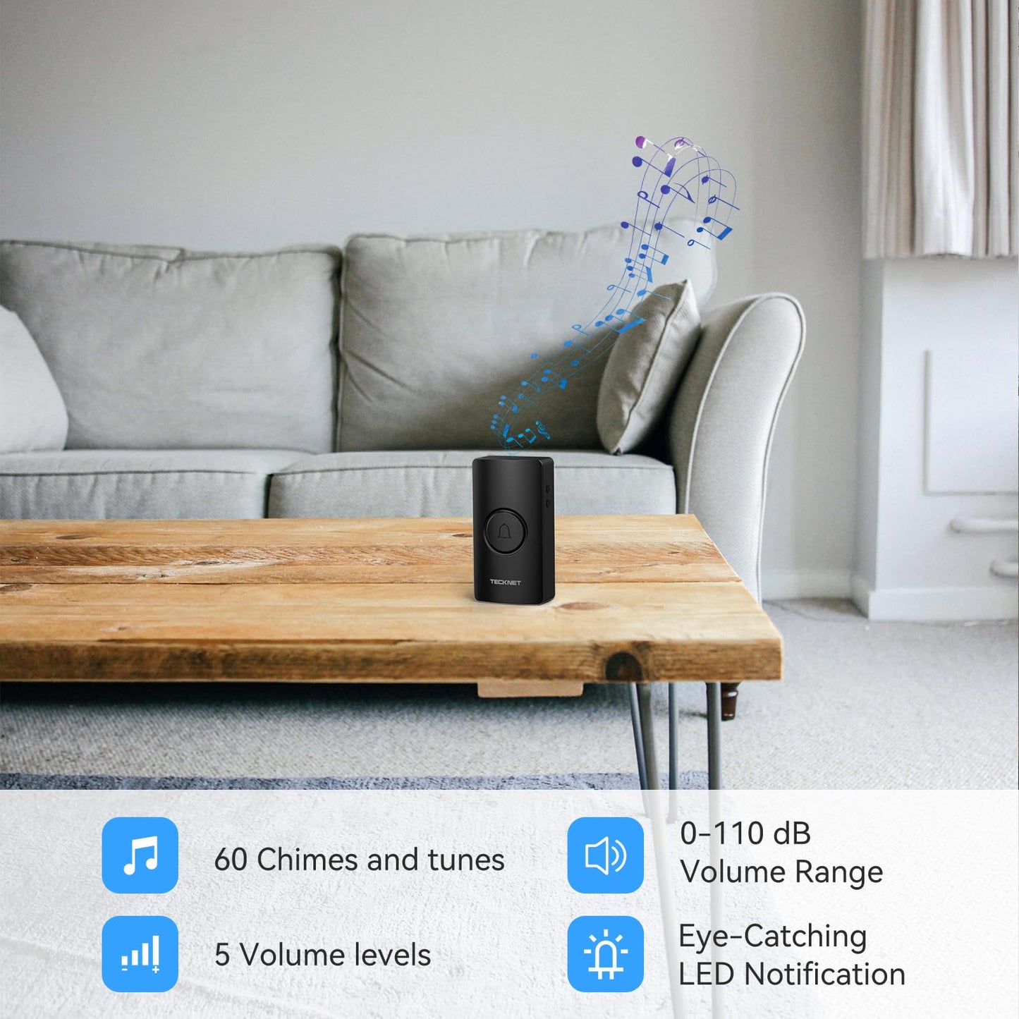 TECKNET Wireless Doorbell – Waterproof, Battery-Operated Cordless Chime Kit with 400M Range, 5 Volume Levels & 60 Chimes