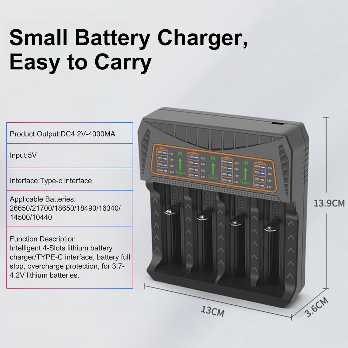 18650 Battery Charger Rechargeable Universal 4-Bay Charger, Automatic LCD Display,Fast Charging for Ni-MH/CD 3.7v Lithium 22650 21700 10340 10440 14500 16340 17335 17500 17670 18500 20700