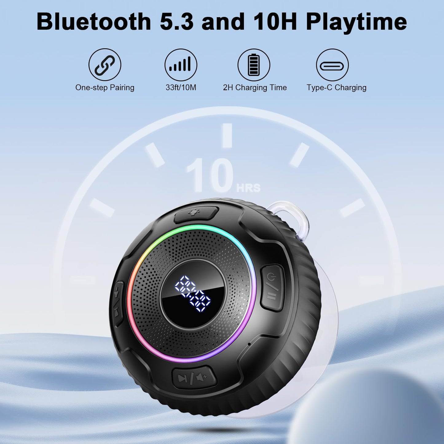 Bluetooth Shower Speaker, Portable Bluetooth Speaker V5.3 360°Surround Sound with Suction Cup/Lanyard, IPX7 Waterproof Mini Wireless Speaker with Built-in Mics, RGB Lights for Bathroom/Travel/Party