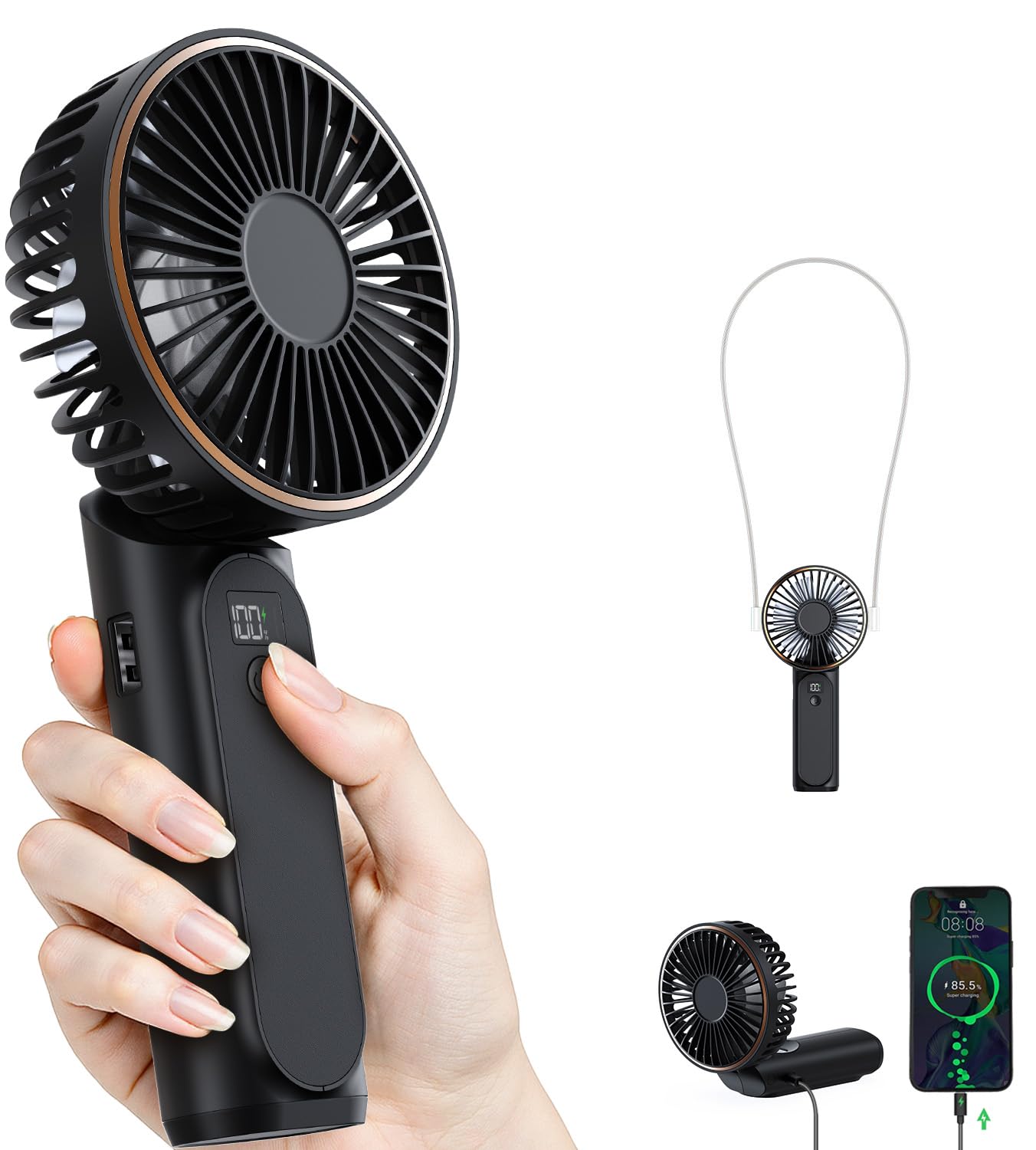 TUNISE Handheld Fan – 4000mAh Portable Rechargeable Fan with LED Display, 6 Speeds, 180° Adjustable, Power Bank Function for Travel & Home