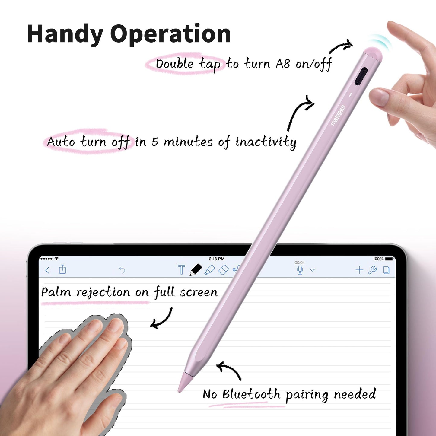 Metapen Pencil A8 Compatible iPad 2X Faster Charge, Palm Rejection, Tilt Sensitivity Stylus Pen Compatible Apple iPad/ Pro 12.9/11/13 Inch, iPad Air 3-6, iPad Mini 5/6