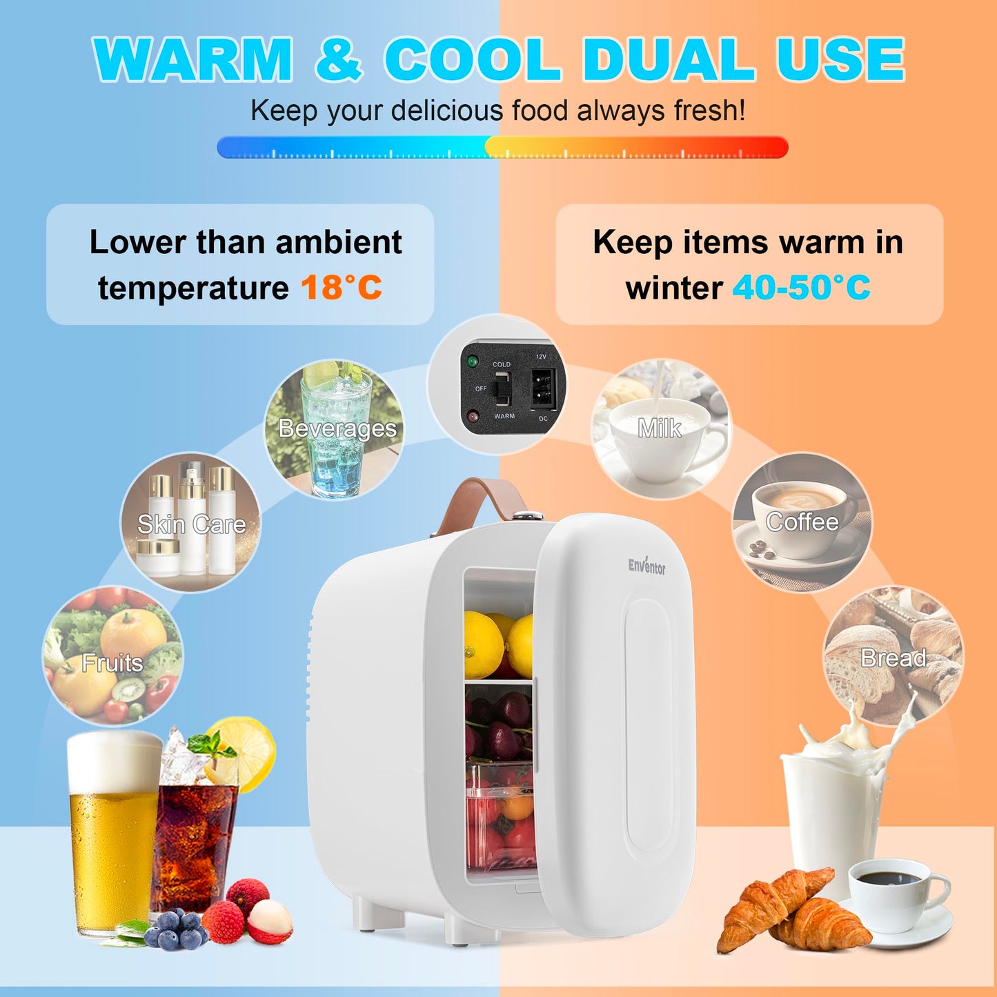 Enventor Mini Fridge 4 Litre/ 6 Can, AC+12V DC Power, Portable Cooler & Warmer, Small Fridge for Bedrooms, Car, Skincare, Fruit and Drinks, Black