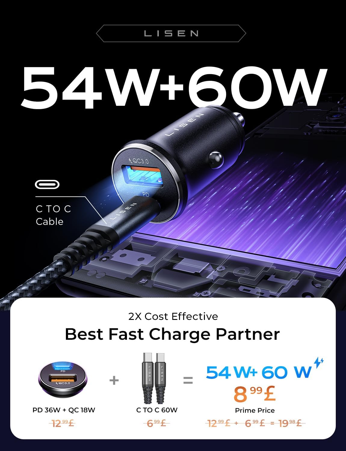 LISEN Car Charger Adapter USB C 54W 12V USB Socket with 60W 3.3ft USB C Cable Car Phone Fast Charge Cigarette Lighter USB for iPhone Samsung