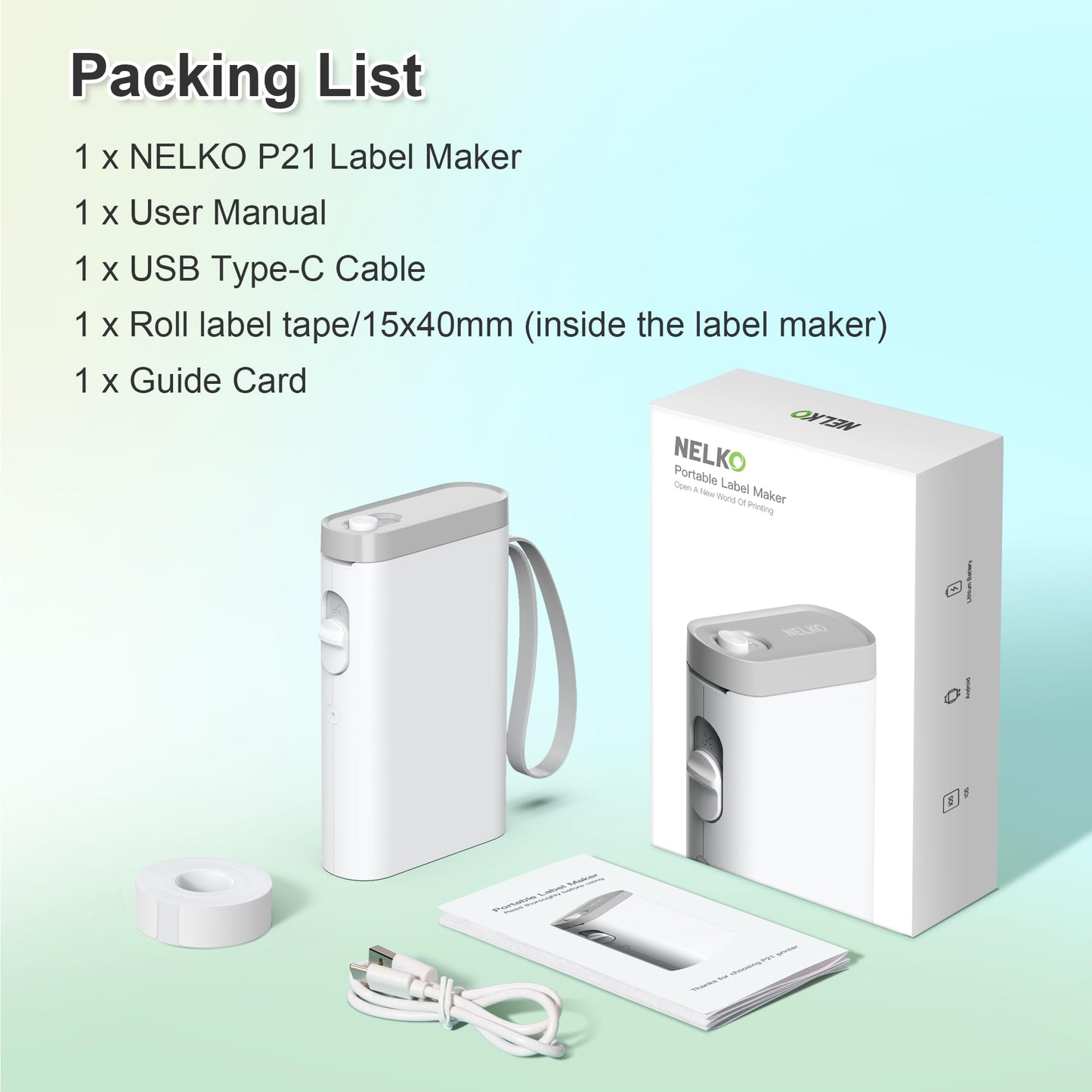 Nelko Label Maker Machine P21 – Bluetooth Portable Label Printer with Tape, Mini Wireless Sticker Maker for Organizing, Barcode, Home & Office – White