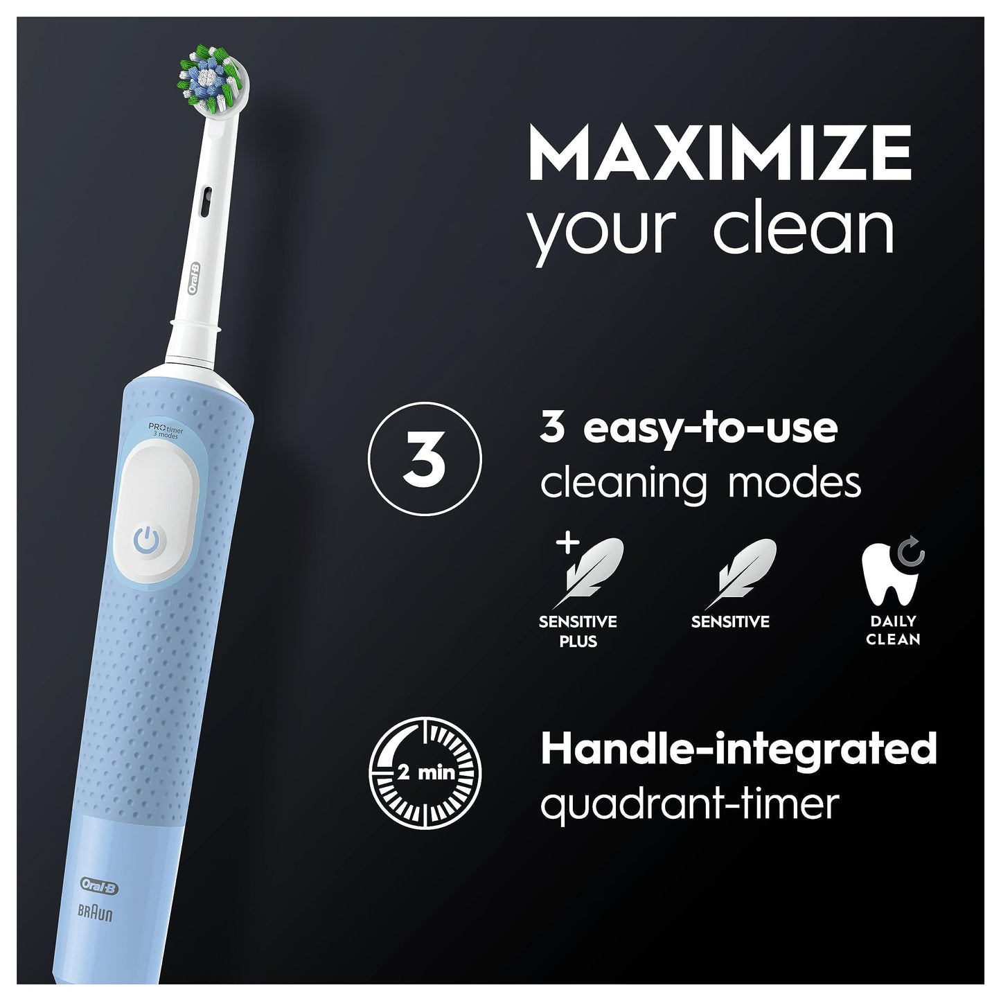 Oral-B Vitality Pro Electric Toothbrushes For Adults, Gifts For Him / Her, 1 Handle, 2 Toothbrush Heads, 3 Brushing Modes Including Sensitive Plus, 2 Pin UK Plug, Black