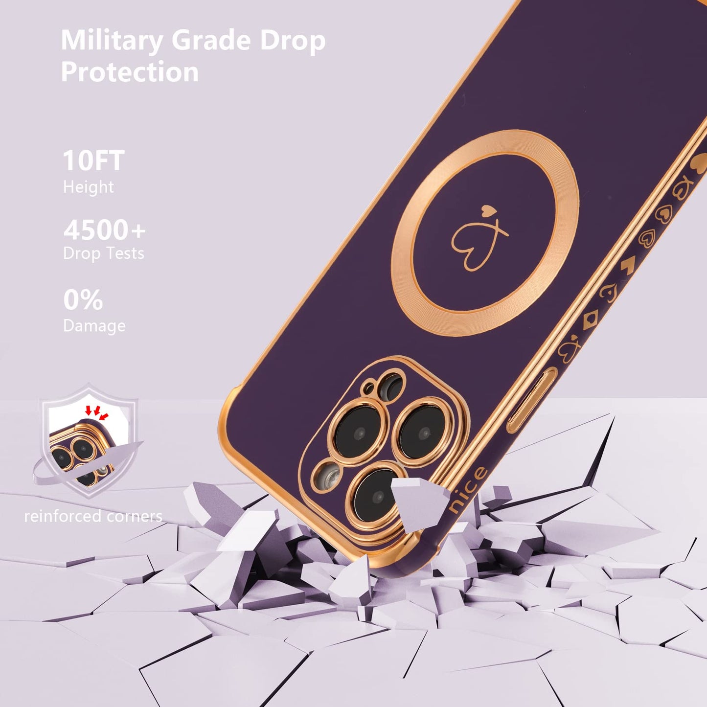 ZTOFERA Magnetic Case for iPhone 15 Pro Compatible with MagSafe, Flexible Soft Silicone Protective Phone with Cute Love Heart Pattern Golden Rim Shockproof Bumper Cover