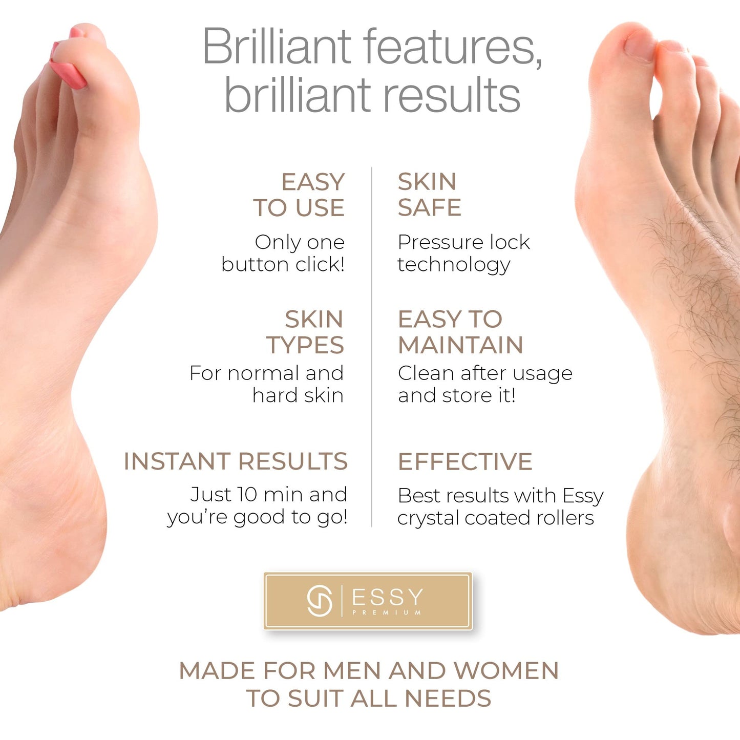 Essy Pedicure Electric Foot File – Rechargeable Callus Remover, Dead Skin Scraper with 5 Replacement Rollers for Smooth Feet
