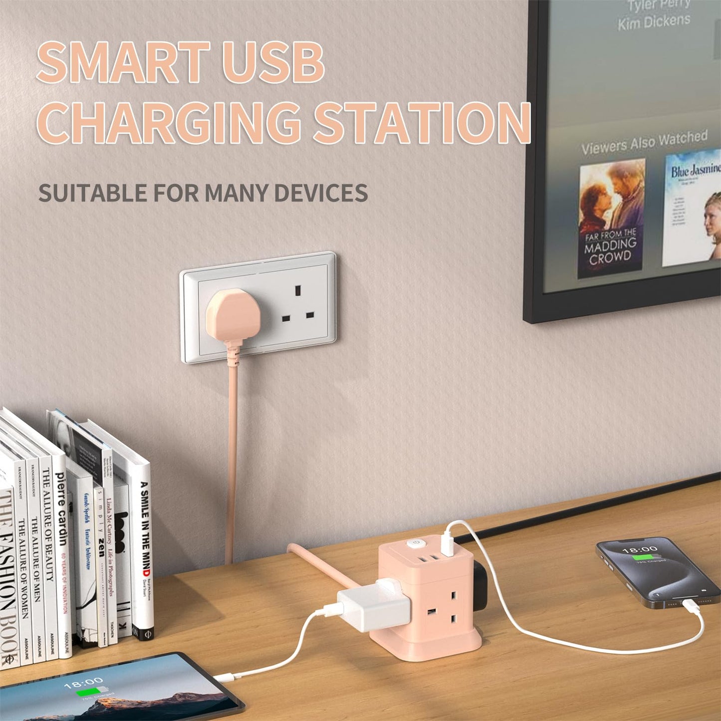 Cube Extension Lead with USB Slots, BEVA 4 Way Multi Plug Power Strip with 3 USB Ports, Desktop Power Extension Socket with 1.5M Extension Cords for Home Dorm Office