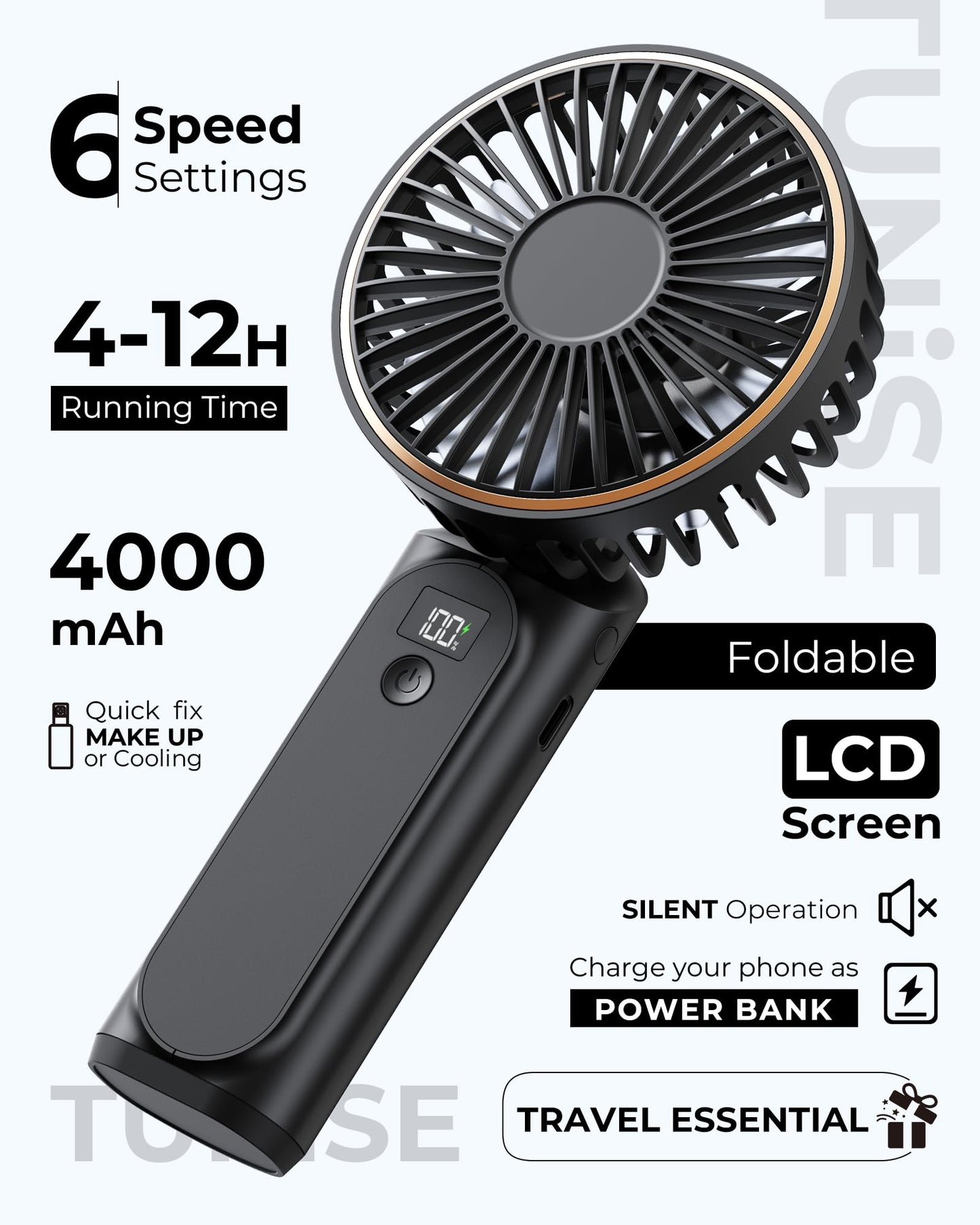 TUNISE Handheld Fan – 4000mAh Portable Rechargeable Fan with LED Display, 6 Speeds, 180° Adjustable, Power Bank Function for Travel & Home