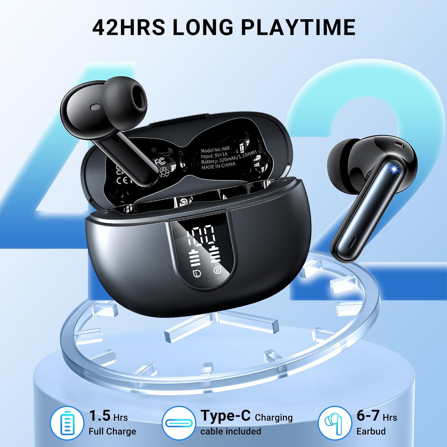 Wireless Earbuds,Earphones Bluetooth 5.3 in Ear with 4 Mic ENC Calls Noise Cancelling Wireless Headphones Mini LED Display HiFi Stereo 42H Playtime Bluetooth Earbuds Touch Control