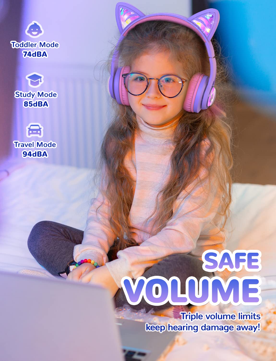 iClever Bluetooth Kids Headphones,Cat Ear LED Light Up Kids Wireless Headphones, 50H Playtime Volume Limiting Children Headphones with Microphone Over Ear for School/Tablet/PC