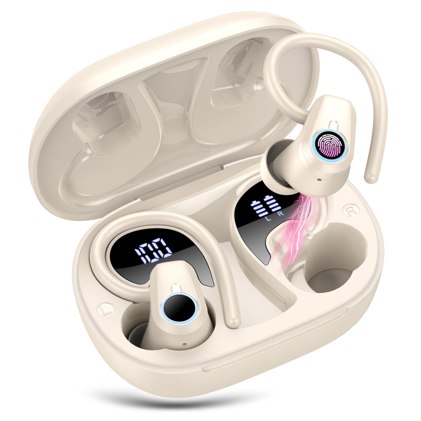 Wireless Earbuds, 2023 Earphones Bluetooth 5.3 Headphones Wireless, Earbuds with Earhooks,Waterproof Stereo Headphones Sport, Dual LED Display, Black
