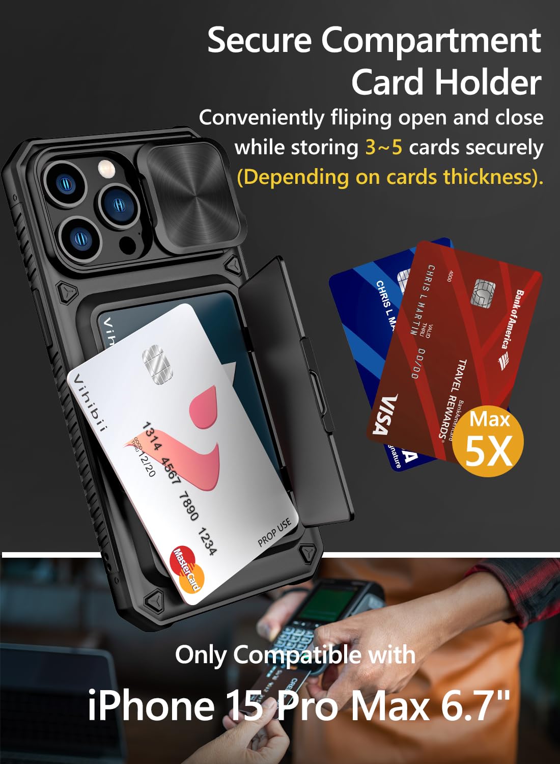 Vihibii for iPhone 15 Pro Max Case with Card Holder & Slide Camera Cover & Kickstand, Military Grade Drop Protection, Rugged Hard Back & Silicone Edge Wallet Phone Case
