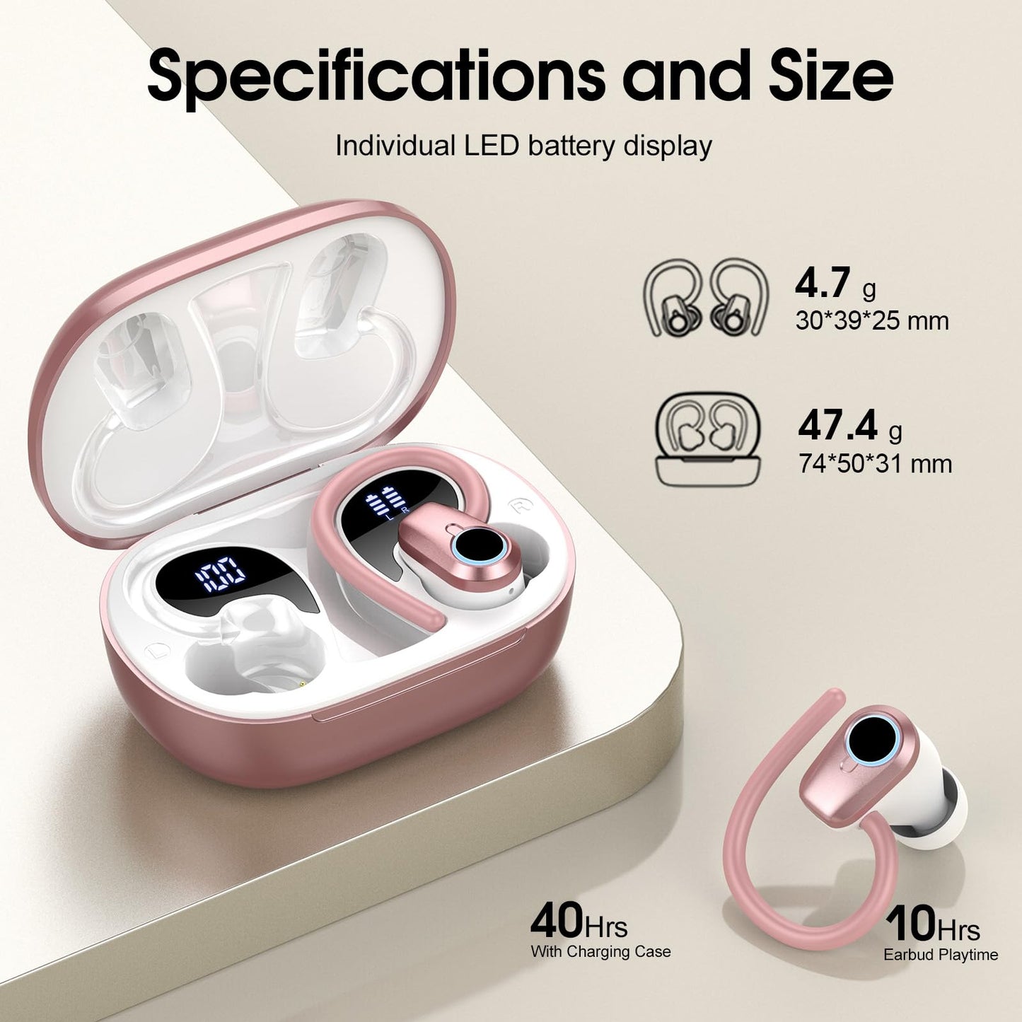 Wireless Earbuds, 2023 Earphones Bluetooth 5.3 Headphones Wireless, Earbuds with Earhooks,Waterproof Stereo Headphones Sport, Dual LED Display, Black