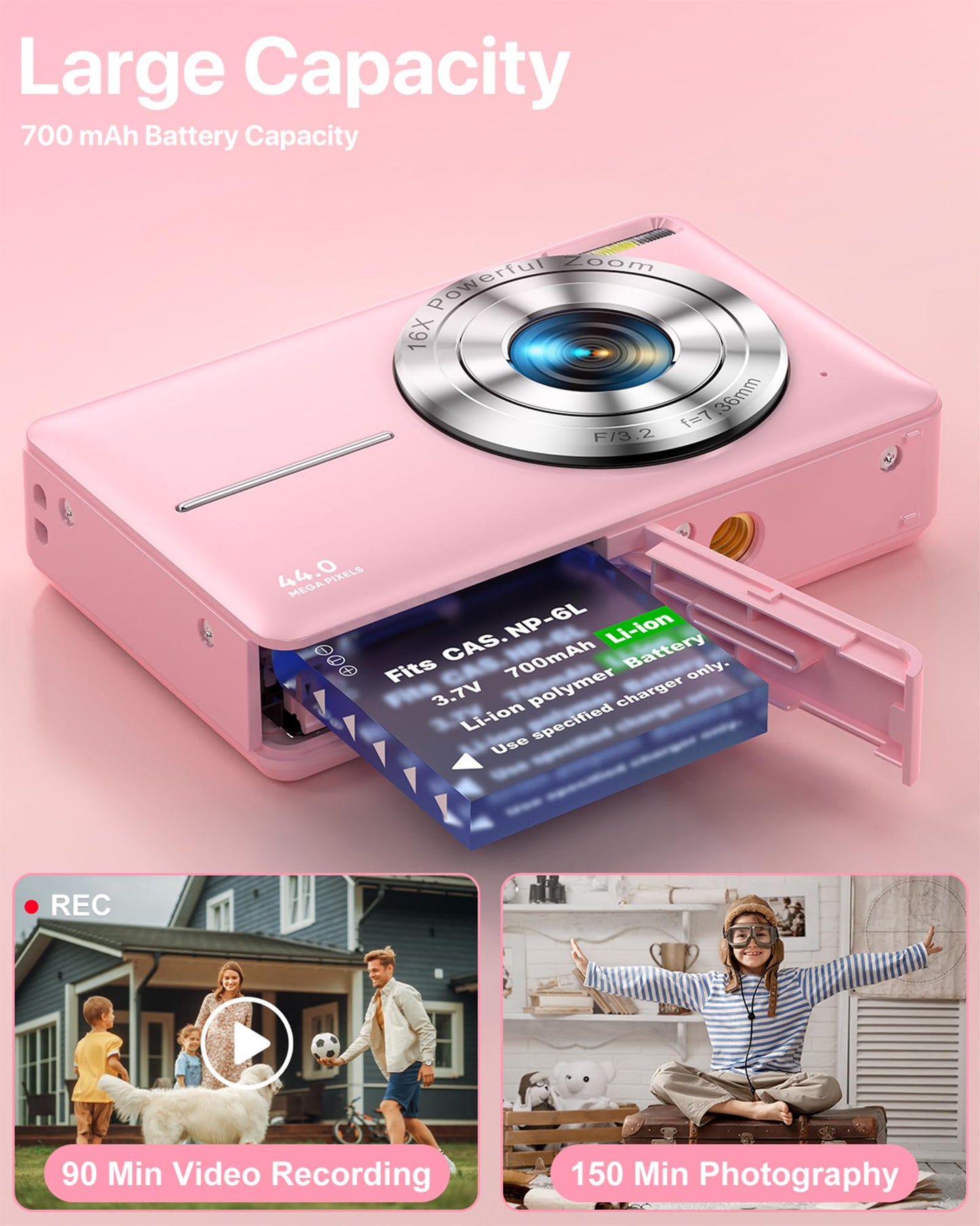 1080P FHD Compact Digital Camera 44MP – Mini Portable Vlogging Camera with 2.4" LCD, 16X Zoom, Battery Included (Pink, No SD Card)