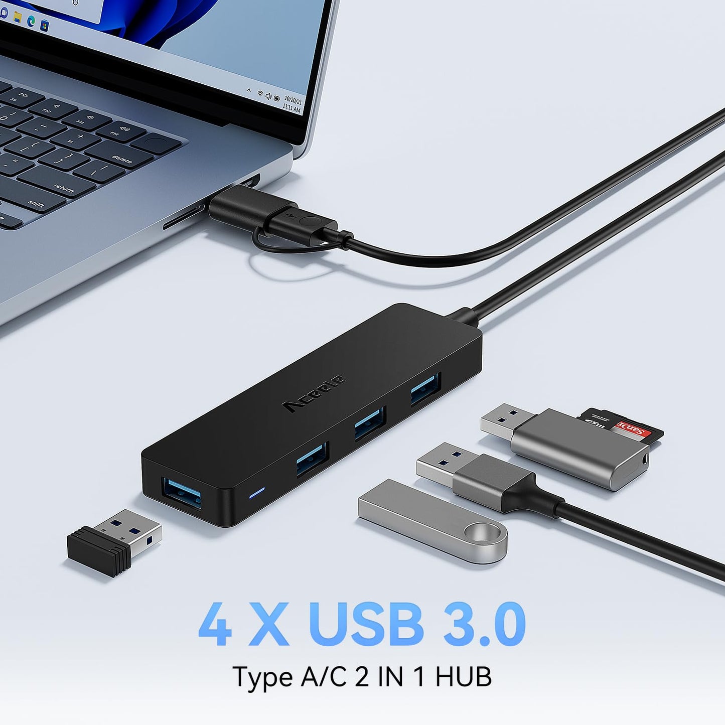 Aceele USB Hub 3.0 with 4ft Long USB Extension Cable, Splitter 4 Port with 5Gbps Data Transfer, Extender for Laptop, Desktop PC, MacBook