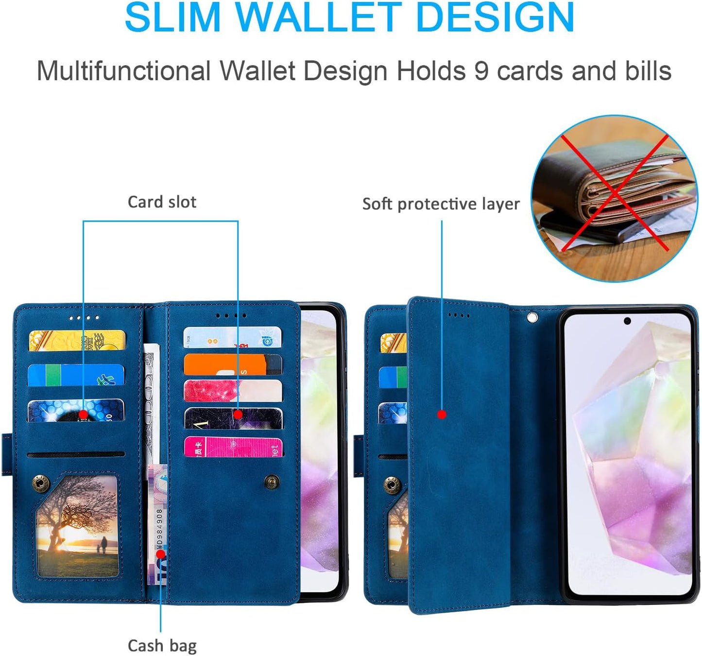 UEEBAI Wallet Case for Samsung Galaxy A15 – Retro PU Leather Flip Cover with 9 Card Slots, Zipper Pocket, Magnetic Closure, Kickstand & Wrist Strap, Shockproof Protective Case