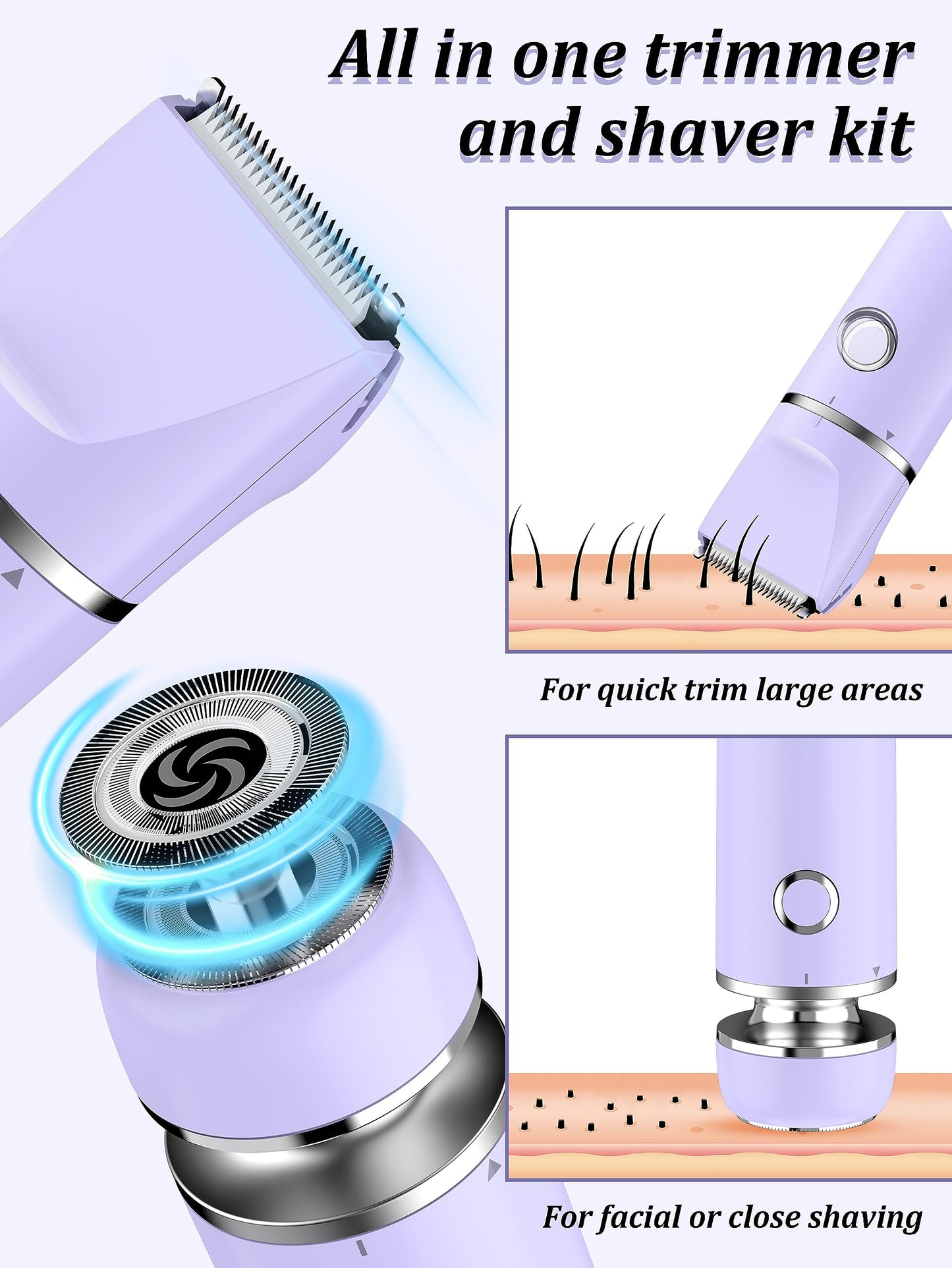 Cayzor Waterproof 2-in-1 Facial Hair Removal Trimmer for Women – Cordless Electric Bikini Razor for Face, Upper Lip, Chin, Armpit, Legs (Purple)