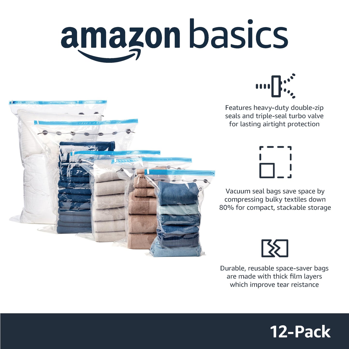 Amazon Basics Vacuum Compression Zipper Storage Bags with Airtight Valve and Hand Pump, Large, 5-Pack, Clear