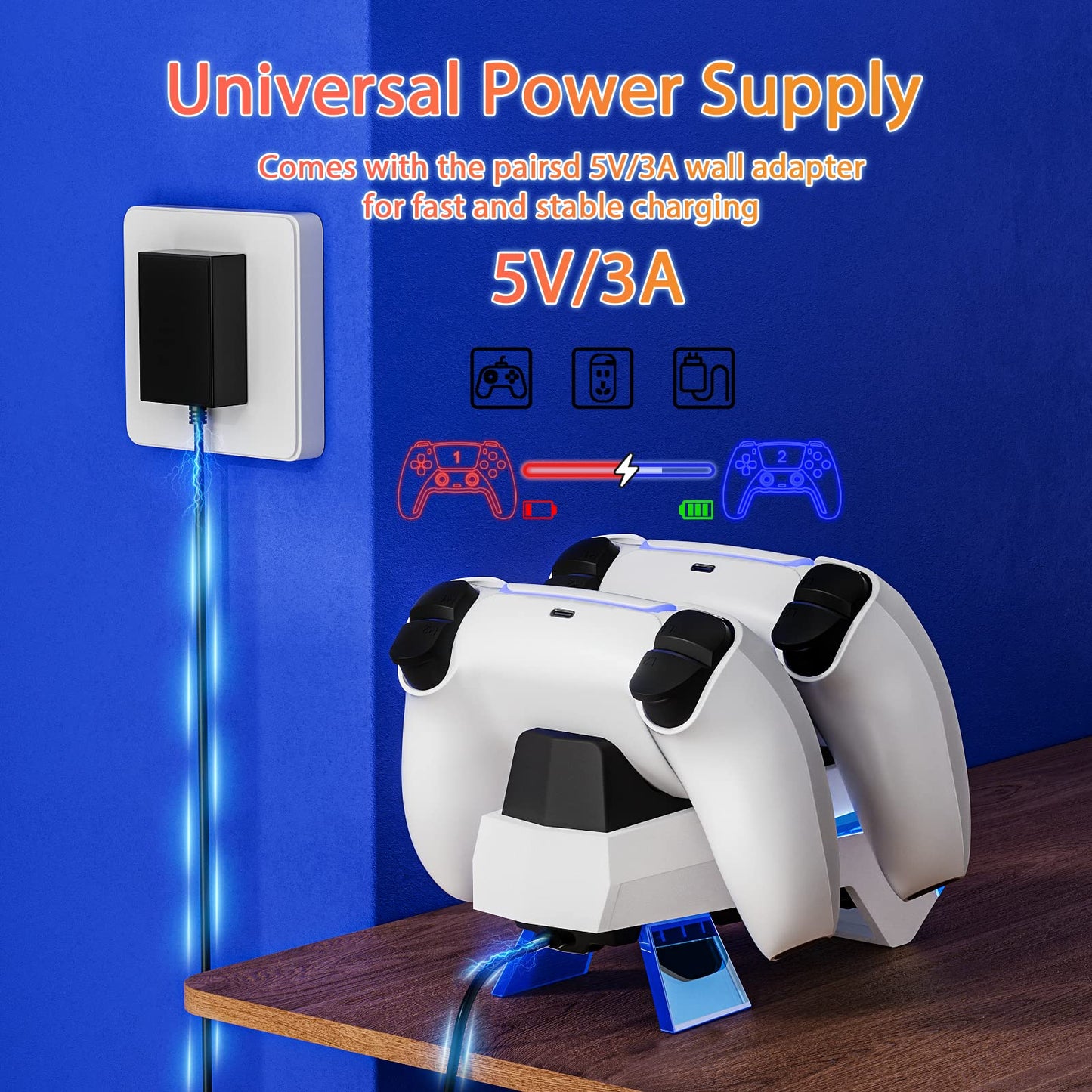 Fenolical PS5 Controller Charger Station, PS5 Charging Station with Fast Charging AC Adapter 5V/3A, Electronic Dog Style Dual Playstation5 Charger Station Accessories with LED Indicator (Blue)