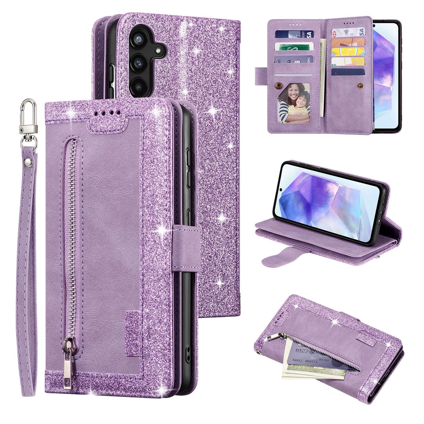UEEBAI Wallet Case for Samsung Galaxy A15 – Retro PU Leather Flip Cover with 9 Card Slots, Zipper Pocket, Magnetic Closure, Kickstand & Wrist Strap, Shockproof Protective Case
