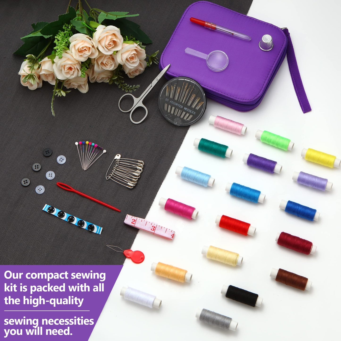 AUERVO Travel Mini Sewing Kit, Over 70 Premium Supplies, Filled with Needles, Scissors, Thimble, Thread, Tape Measure