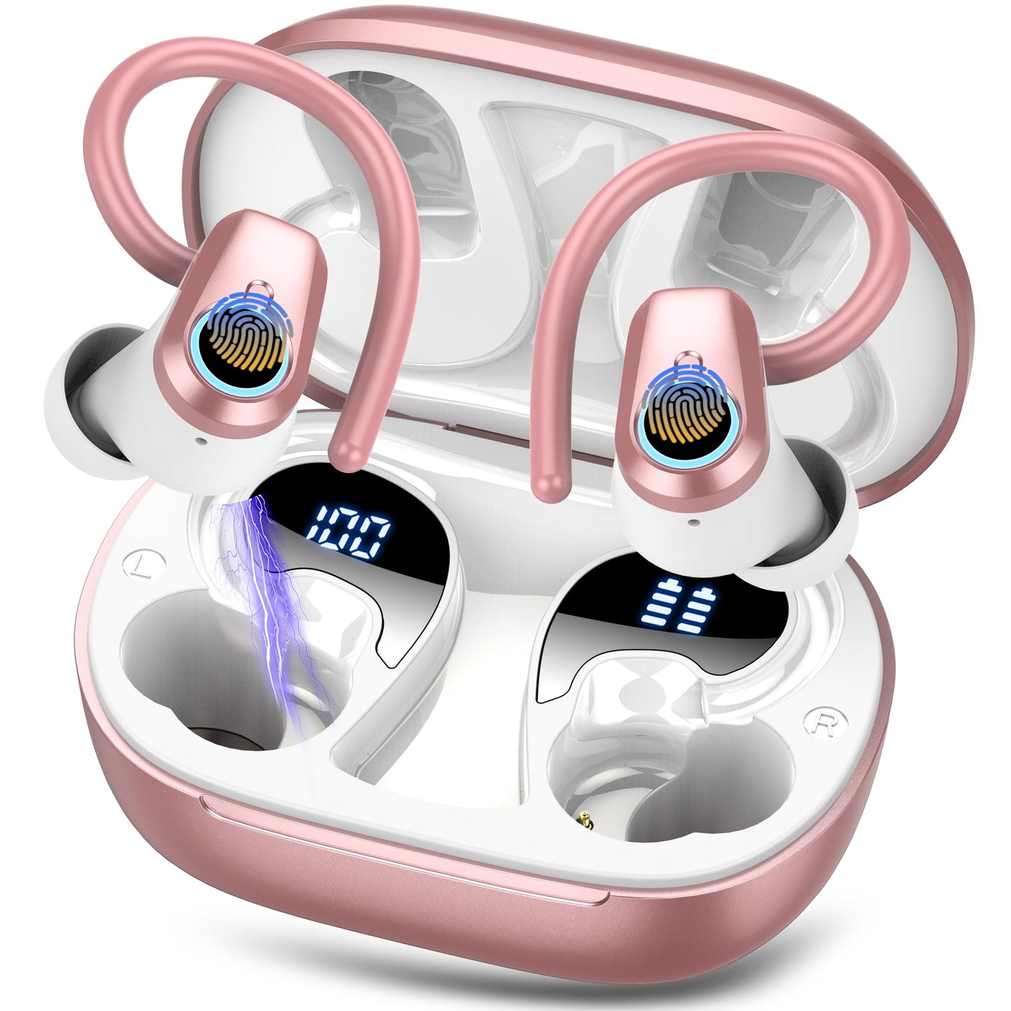 Waterproof Wireless Earbuds Bluetooth 5.3 – 4 ENC Noise Canceling Mics, 50H Battery, Dual LED Display, Sport Earhooks
