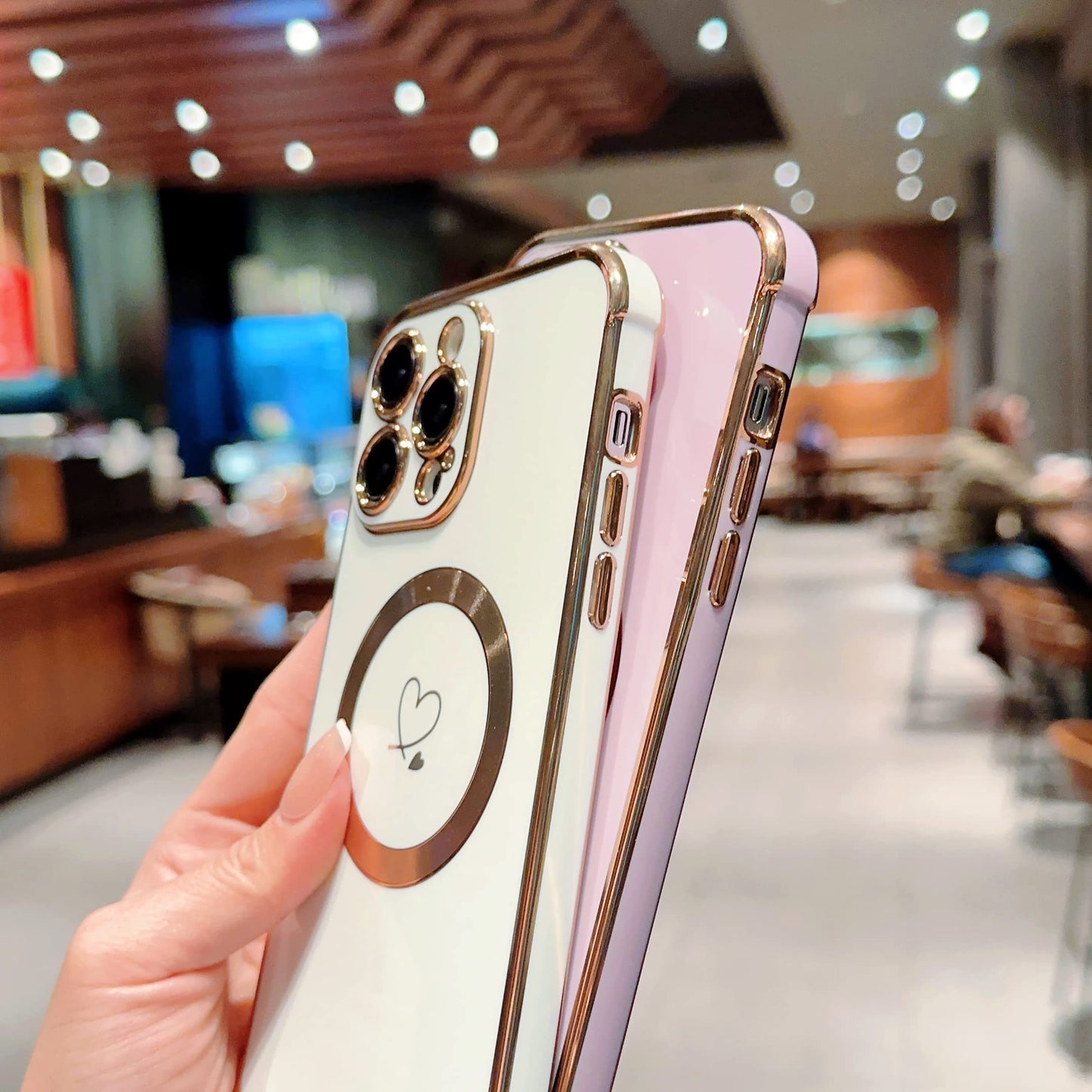 ZTOFERA Magnetic Case for iPhone 15 Pro Compatible with MagSafe, Flexible Soft Silicone Protective Phone with Cute Love Heart Pattern Golden Rim Shockproof Bumper Cover