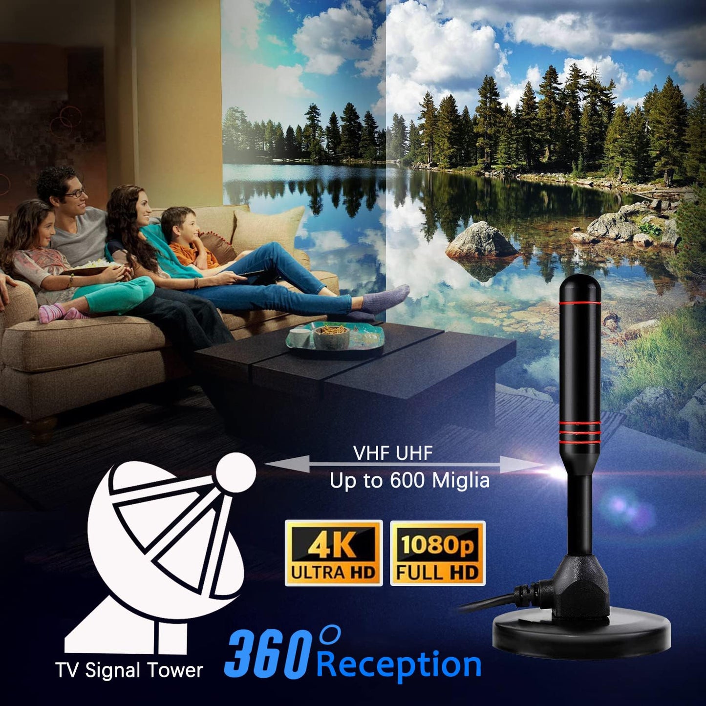 2025 Newest TV Aerial - Indoor TV Aerial for Smart TV with Signal Booster - Digital TV Aerial for Freeview TV 600 Miles Long Range Support 4K 1080P -With Magnetic Base / 16.5FT Coax Cable
