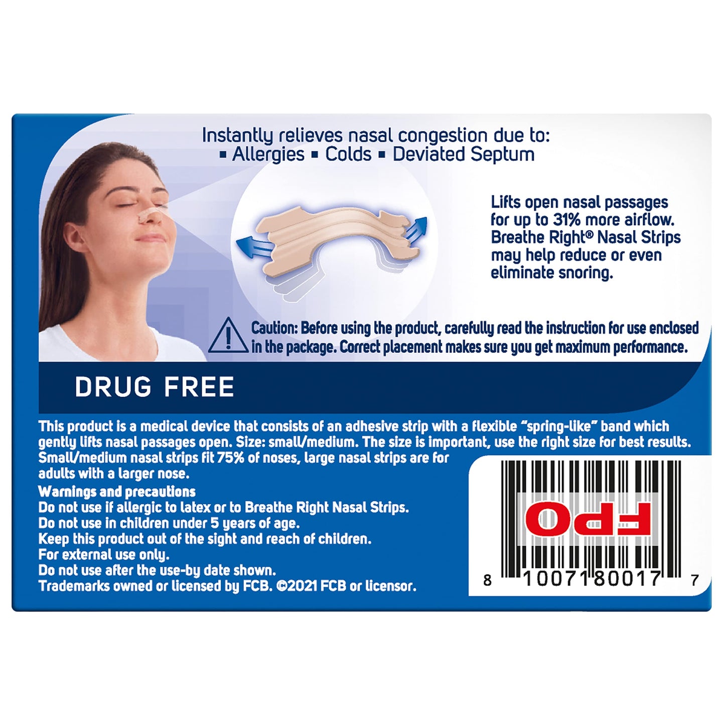 Breathe Right Nasal Strips Original Small/Medium 30s | Instantly Relieves Nasal Congestion | Helps Reduce Snoring