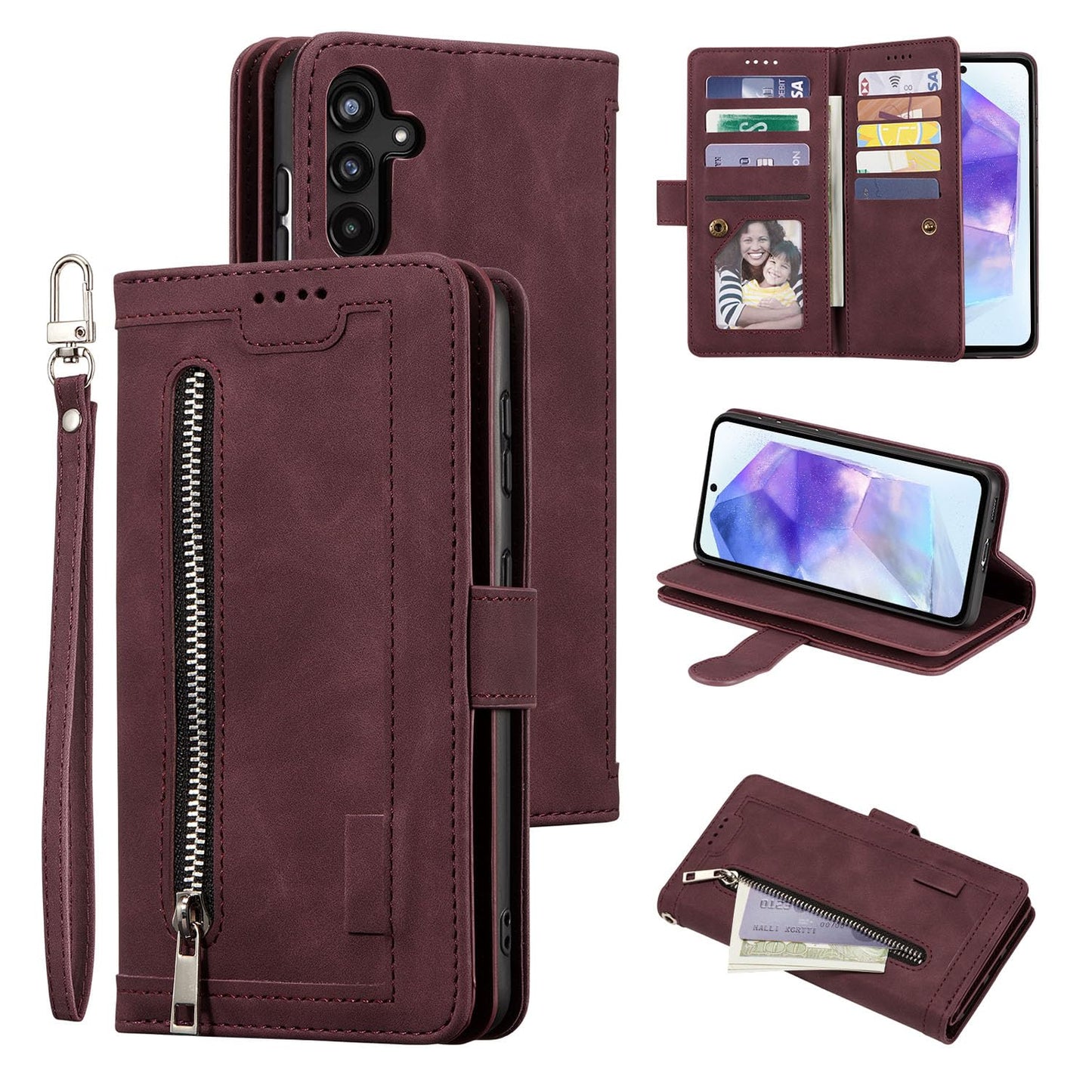 UEEBAI Wallet Case for Samsung Galaxy A15 – Retro PU Leather Flip Cover with 9 Card Slots, Zipper Pocket, Magnetic Closure, Kickstand & Wrist Strap, Shockproof Protective Case