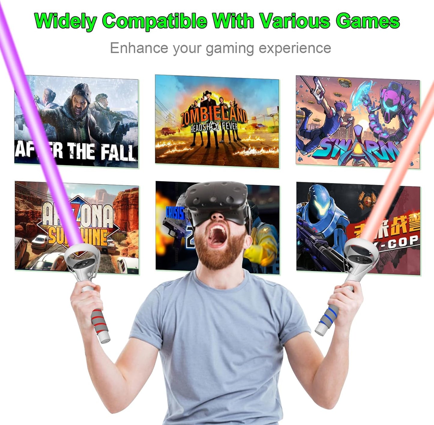 3 In 1 Upgraded VR Dual Long Stick Handle Extension Game Grips Handle Attachment for Meta/Oculus Quest 2 Controller Grips, Enhance Playing Saber/Golf/Baseball/Gorilla Tag VR Game Experience
