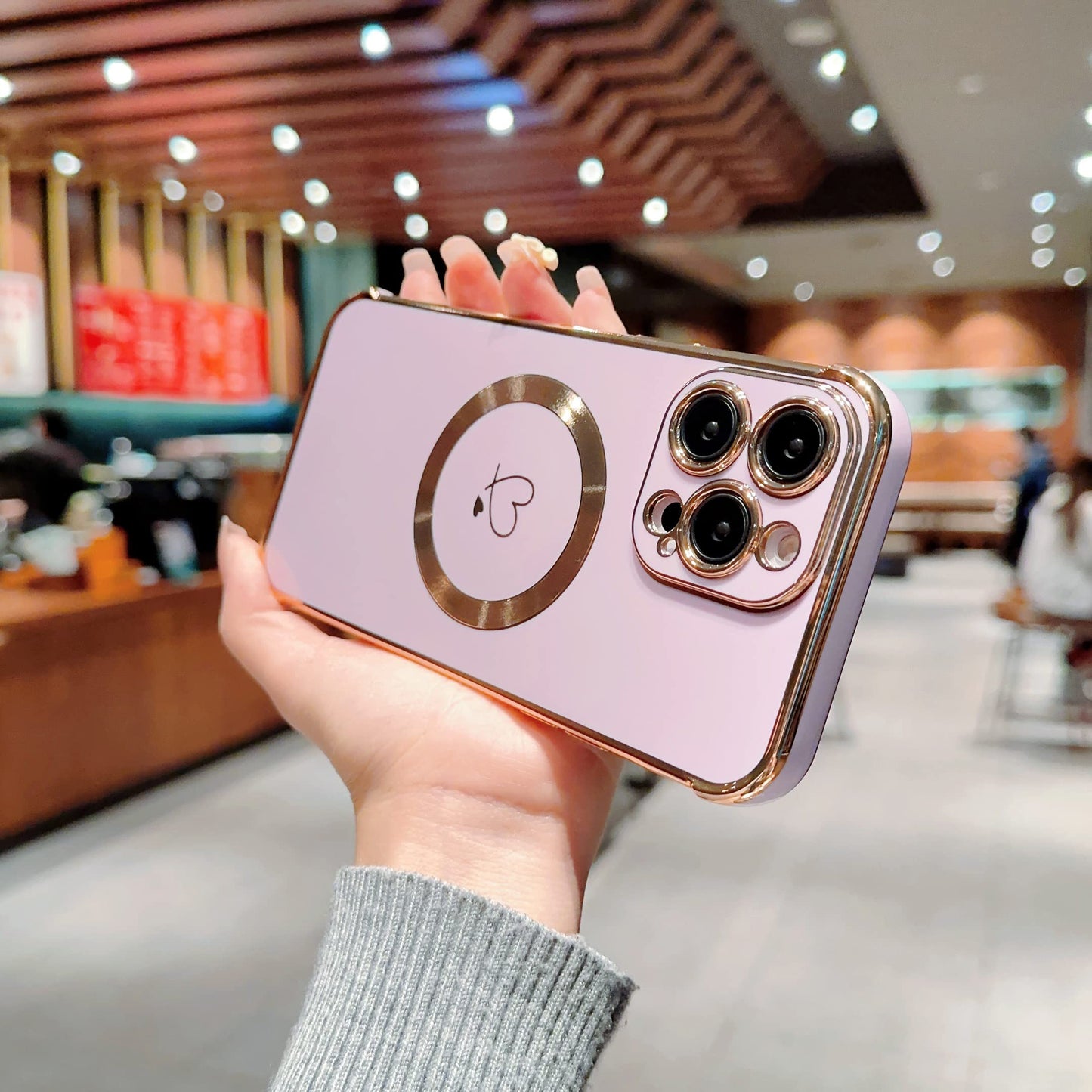 ZTOFERA Magnetic Case for iPhone 15 Pro Compatible with MagSafe, Flexible Soft Silicone Protective Phone with Cute Love Heart Pattern Golden Rim Shockproof Bumper Cover