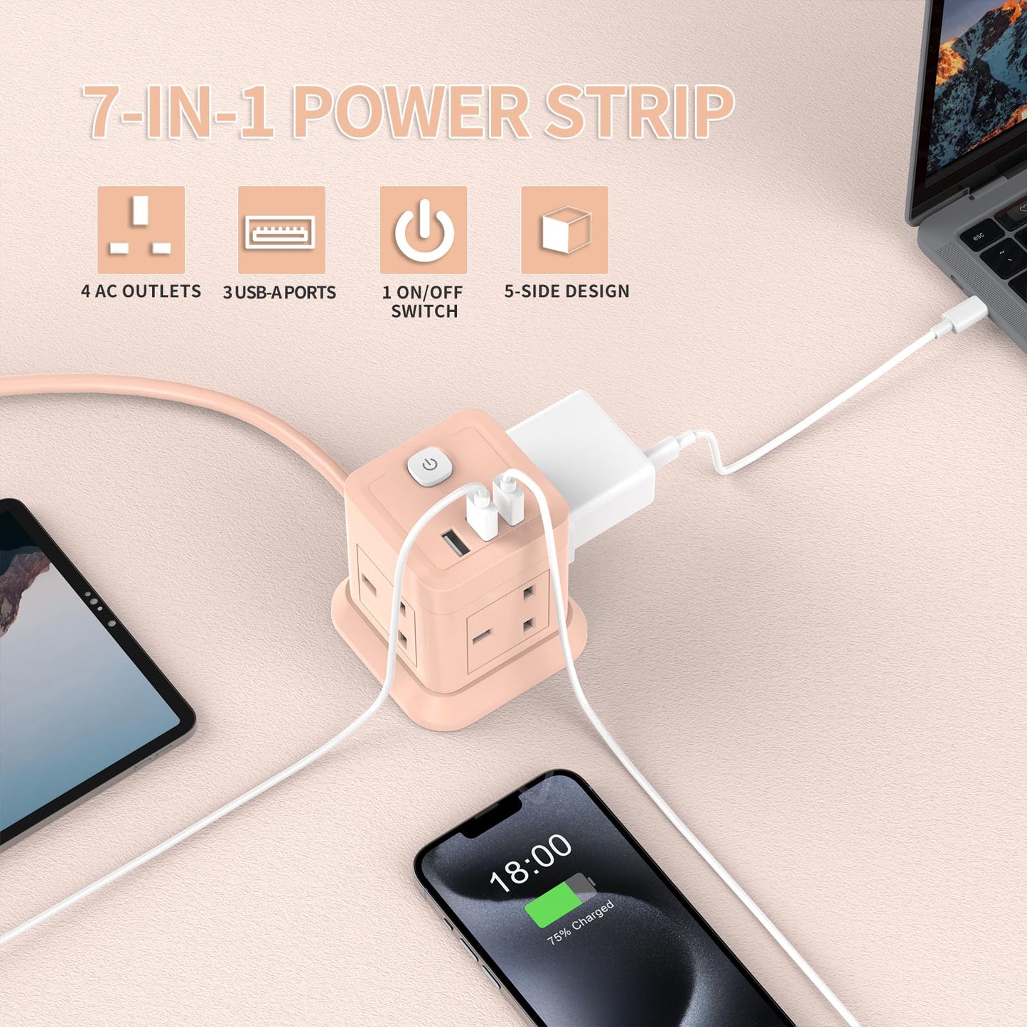 Cube Extension Lead with USB Slots, BEVA 4 Way Multi Plug Power Strip with 3 USB Ports, Desktop Power Extension Socket with 1.5M Extension Cords for Home Dorm Office