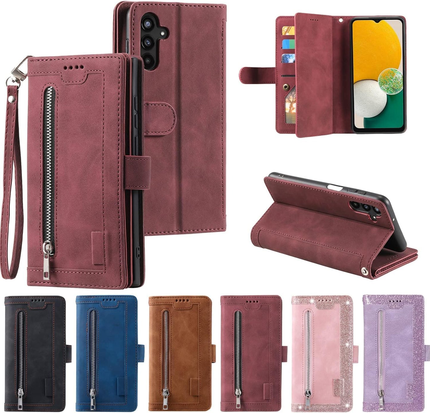 UEEBAI Wallet Case for Samsung Galaxy A15 – Retro PU Leather Flip Cover with 9 Card Slots, Zipper Pocket, Magnetic Closure, Kickstand & Wrist Strap, Shockproof Protective Case
