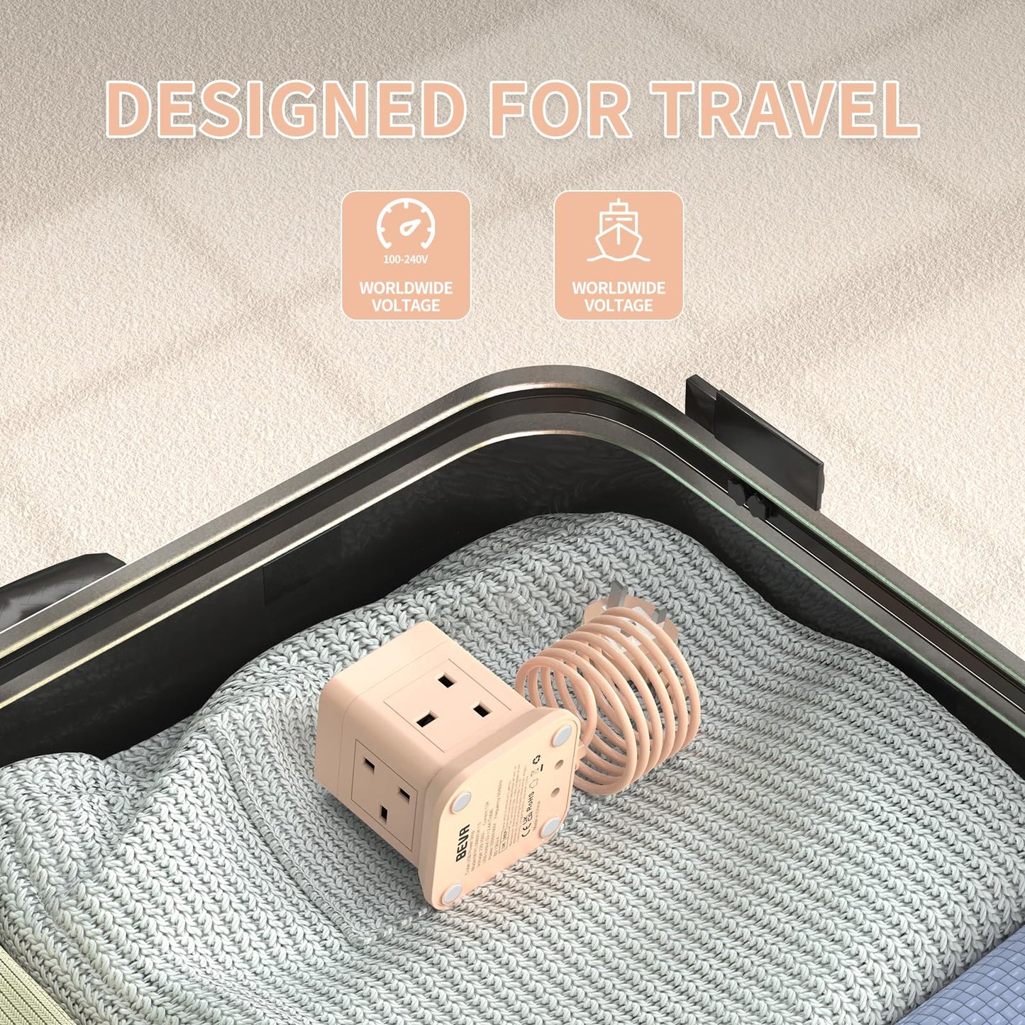 Cube Extension Lead with USB Slots, BEVA 4 Way Multi Plug Power Strip with 3 USB Ports, Desktop Power Extension Socket with 1.5M Extension Cords for Home Dorm Office