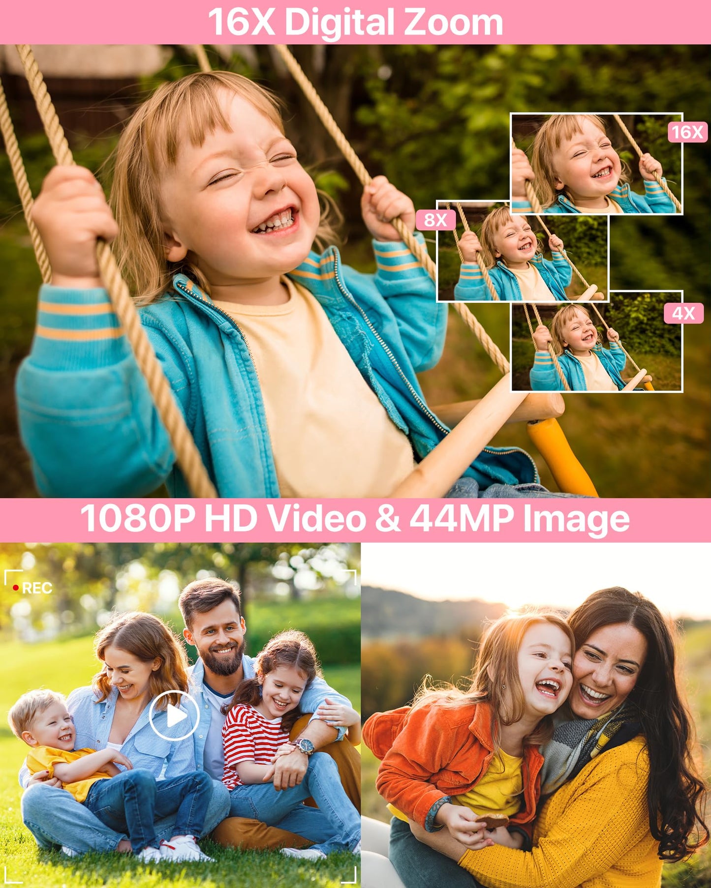1080P FHD Compact Digital Camera 44MP – Mini Portable Vlogging Camera with 2.4" LCD, 16X Zoom, Battery Included (Pink, No SD Card)